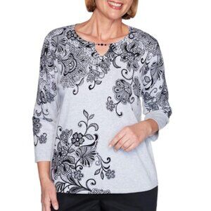 NWT Alfred Dunner Madison Ave Scroll Lace Floral Top w/ Bead Accent Sz. …